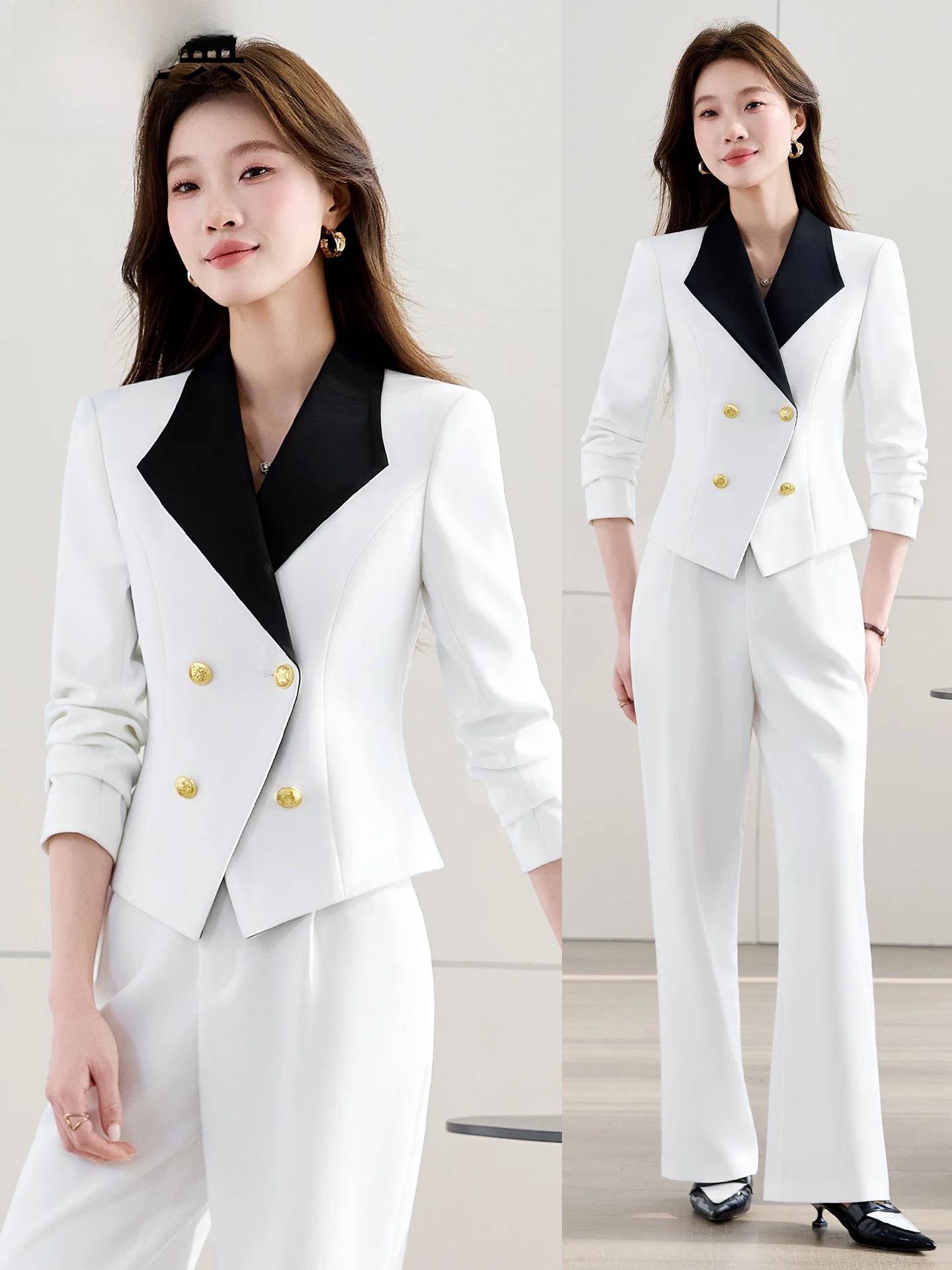 Белый женский костюм в стиле минимализм: пиджак и брюки микро-клеш с цветовыми блоками, весна-осень, высококачественный, для невысоких.
Белый женский костюм в стиле минимализм: пиджак и брюки микро-клеш с цветовыми блоками, весна-осень, высококачественный, для невысоких.