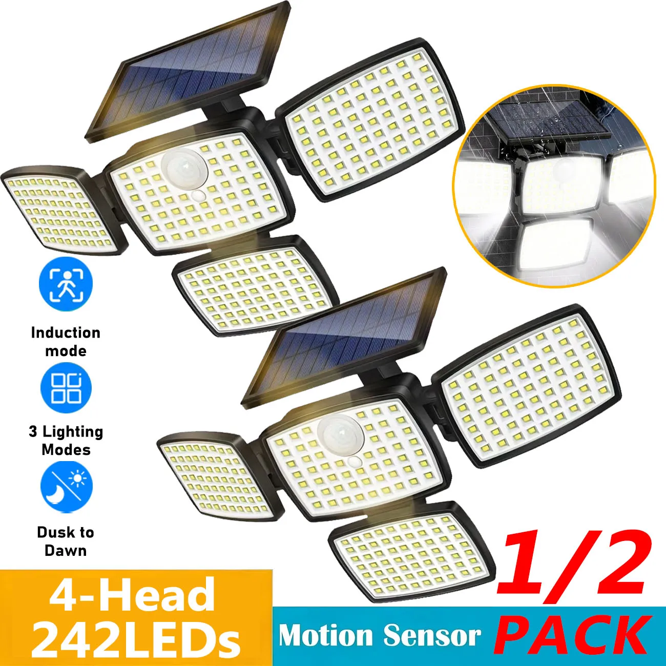 1/2PACK 4 Head Solar Motion Sensor Light 242LED, Solar Lights Outdoor 3 Adjustable Modes, IP65 Waterproof Flood Lamp for Garden
1/2PACK 4 Head Solar Motion Sensor Light 242LED, Solar Lights Outdoor 3 Adjustable Modes, IP65 Waterproof Flood Lamp for Garden