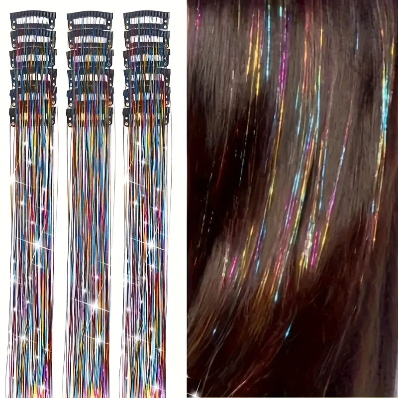 12Pcs Laser Gold Tinsel Hair Extensions, Rainbow Glitter Hairpieces with Gift Box, BB Clip Shiny Hair Changer for Christmas Gift
12Pcs Laser Gold Tinsel Hair Extensions, Rainbow Glitter Hairpieces with Gift Box, BB Clip Shiny Hair Changer for Christmas Gift