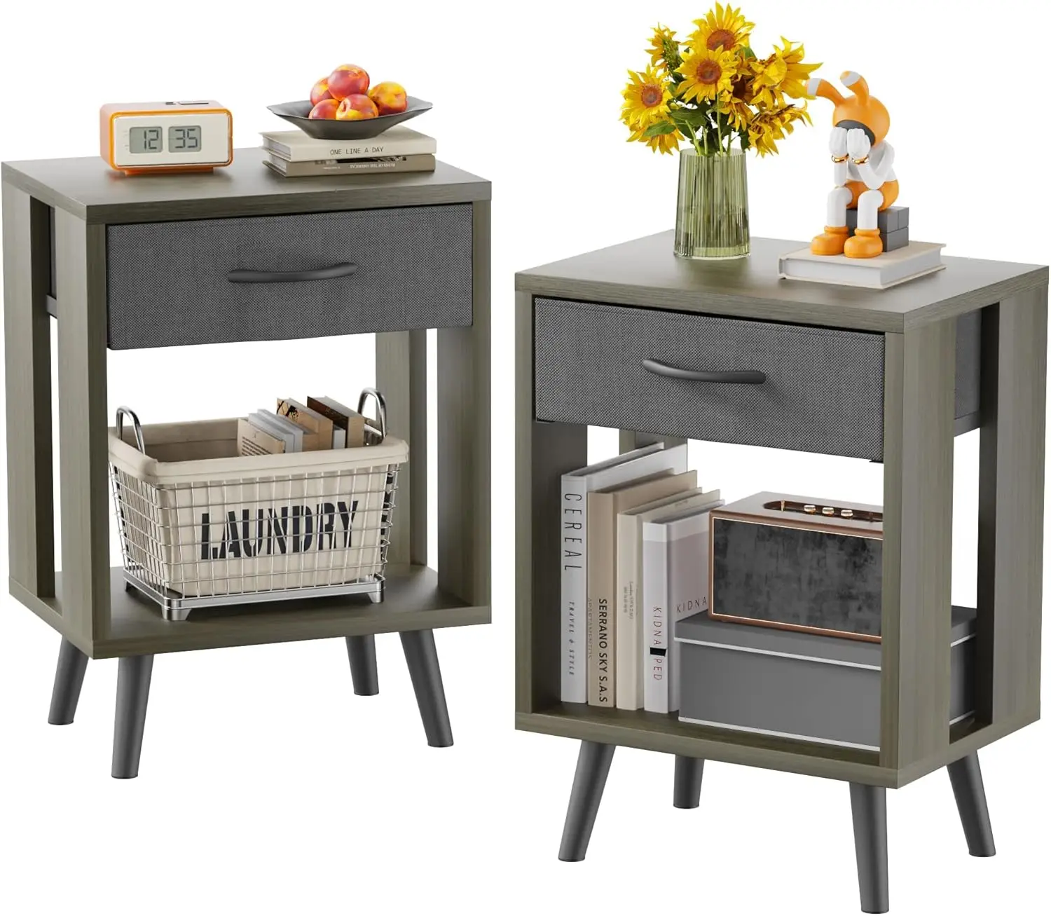 Nightstands Set of 2 with Black Fabric Drawer and Open Shelf, Side Table for Bedroom, Gray 23.7"H
Nightstands Set of 2 with Black Fabric Drawer and Open Shelf, Side Table for Bedroom, Gray 23.7"H