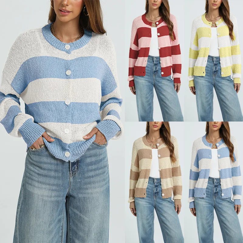 Knitted Cardigan Sweater Women Fashionable European and American Autumn/Winter New Stripe Casual Long Sleeve Round Neck
Knitted Cardigan Sweater Women Fashionable European and American Autumn/Winter New Stripe Casual Long Sleeve Round Neck
