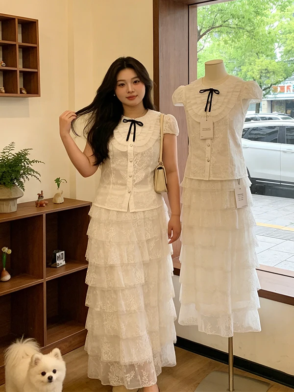 plus Size Summer Lace Bubble Sleeve Shirt And Mesh Cake Skirt Two Piece Set Slimming Korean Style Fashionable Women's Ensemble
plus Size Summer Lace Bubble Sleeve Shirt And Mesh Cake Skirt Two Piece Set Slimming Korean Style Fashionable Women's Ensemble