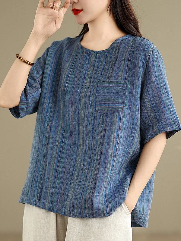 Summer 2026 Retro Cotton Linen Striped Top Large Size Women's Artistic Short Sleeve round Neck Single Pocket T-Shirt
Summer 2026 Retro Cotton Linen Striped Top Large Size Women's Artistic Short Sleeve round Neck Single Pocket T-Shirt