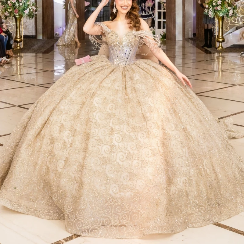 champagne Shiny Ball Gown Quinceanera Dresses Sequin Applique Lace Beading Crystal Bow Tull Corset Off The Shoulder Sweet 16
champagne Shiny Ball Gown Quinceanera Dresses Sequin Applique Lace Beading Crystal Bow Tull Corset Off The Shoulder Sweet 16