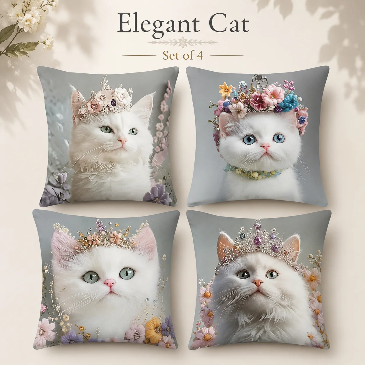 4 Pcs Elegant White Cat Pillow Covers 2D Flat Printed Peach Skin Floral Crown Princess Cushion Case For Living Room Sofa Decor
4 Pcs Elegant White Cat Pillow Covers 2D Flat Printed Peach Skin Floral Crown Princess Cushion Case For Living Room Sofa Decor