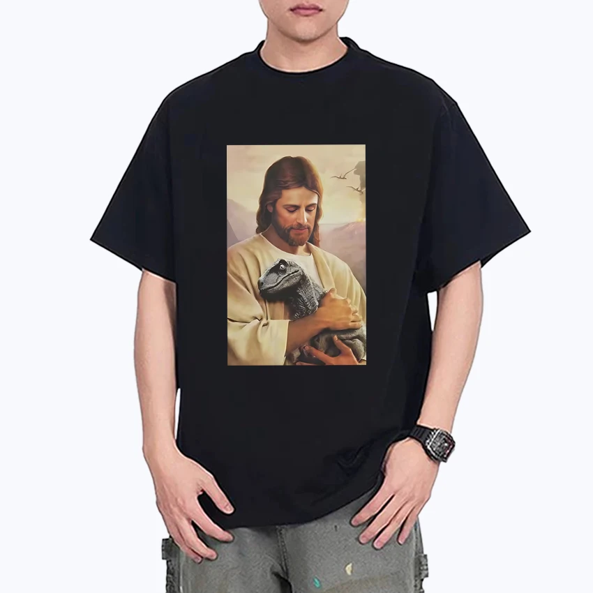 High Quality Funny Jesus Dinosaur Graphic Oversized Tee shirt Summer Unisex printed tops Cotton Men Women short sleeve t-shirts
High Quality Funny Jesus Dinosaur Graphic Oversized Tee shirt Summer Unisex printed tops Cotton Men Women short sleeve t-shirts