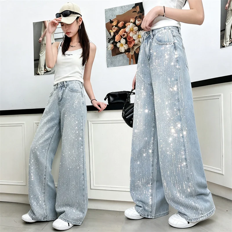 5-14T Kids Jeans with Brilliant Diamond New Fashion Wide Leg Denim Pants Casual Loose Style Kids Trousers Korean Jeans For Girls
5-14T Kids Jeans with Brilliant Diamond New Fashion Wide Leg Denim Pants Casual Loose Style Kids Trousers Korean Jeans For Girls