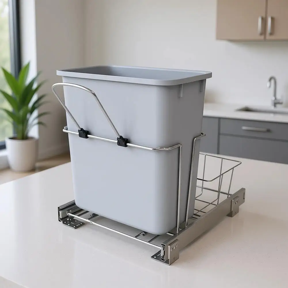 20-Quart Pull-Out Cabinet Metal Wire Trash Can with Rear Basket for Waste Disposal and Organization
20-Quart Pull-Out Cabinet Metal Wire Trash Can with Rear Basket for Waste Disposal and Organization