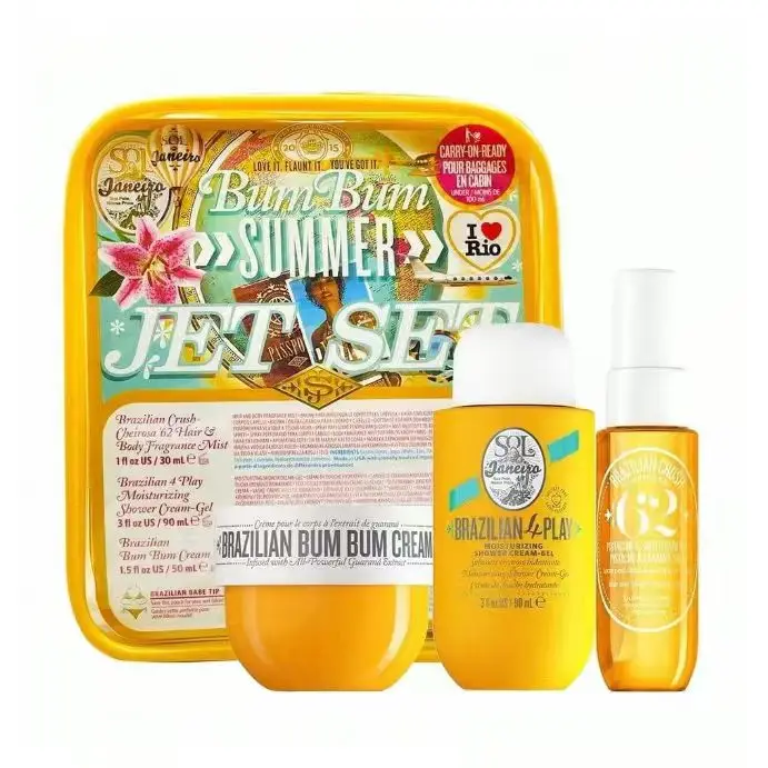 Sol de Janeiro Bum Bum Summer Jet Set Gift Set Perfume For Women Cheirosa 62 Hair & Body Fragrance Mist Perfume Bum Bum Cream Moisturizing Shower Cream Tropical Vanilla Perfume Travel Mini Kit Vintage Yellow Storage Bag Summer Vacation Perfume Gift Set
Sol de Janeiro Bum Bum Summer Jet Set Gift Set Perfume For Women Cheirosa 62 Hair & Body Fragrance Mist Perfume Bum Bum Cream Moisturizing Shower Cream Tropical Vanilla Perfume Travel Mini Kit Vintage Yellow Storage Bag Summer Vacation Perfume Gift Set