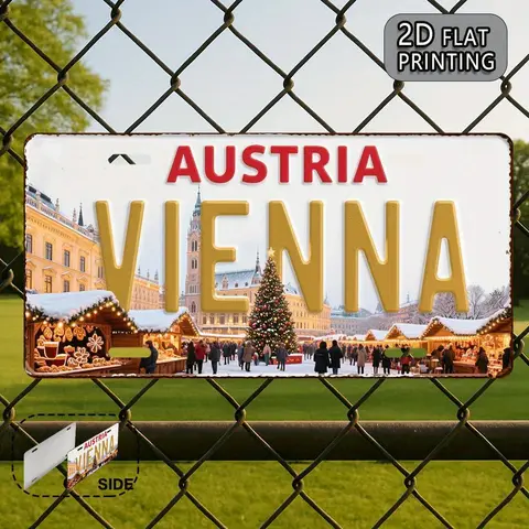 2D Flat, 1pc Austria Vienna Vintage Metal Sign - Retro Vienna Cityscape with Christmas Decoration - Heavy-Duty Aluminum Plaqu