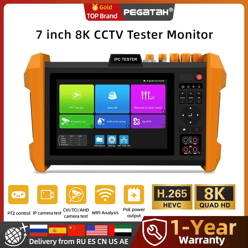 PEGATAH 8K CCTV Tester 7 inch HD IP CVI TVI AHD SDI Analog 6 In 1 Tester-Monitor VGA POE Portable HDMI Input Cable Tracer
PEGATAH 8K CCTV Tester 7 inch HD IP CVI TVI AHD SDI Analog 6 In 1 Tester-Monitor VGA POE Portable HDMI Input Cable Tracer