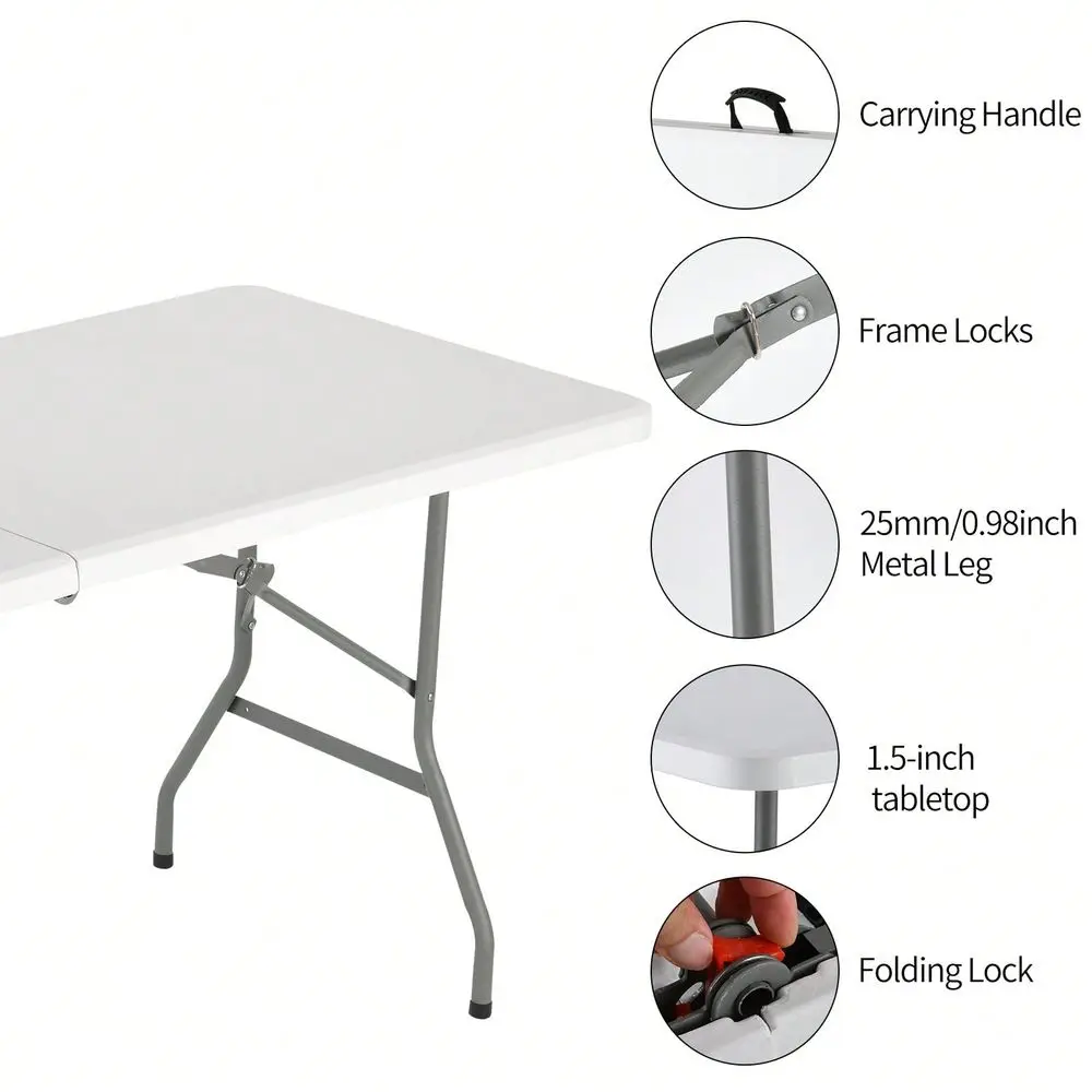 Folding Table 6FT, Portable FoldInHalf Table With Carrying Handle, Heavy Duty Rectangular Table For Kitchen, Dining Room, Party