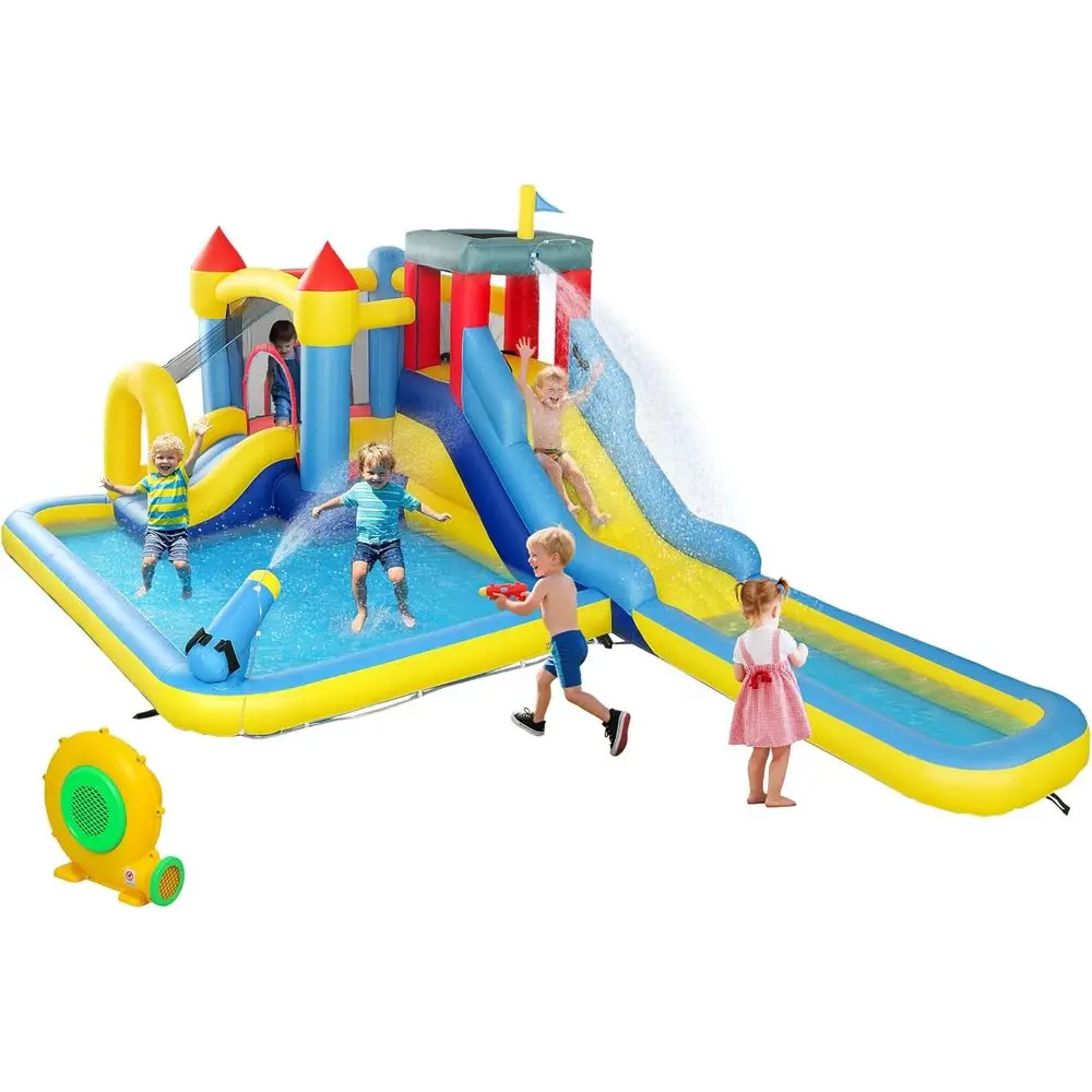 6-in-1 Inflatable Water Slide and Play Center with 550W Blower, Splash Pools, Slides, Tarp, Climbing Wall, Cannon, and Basketbal
6-in-1 Inflatable Water Slide and Play Center with 550W Blower, Splash Pools, Slides, Tarp, Climbing Wall, Cannon, and Basketbal