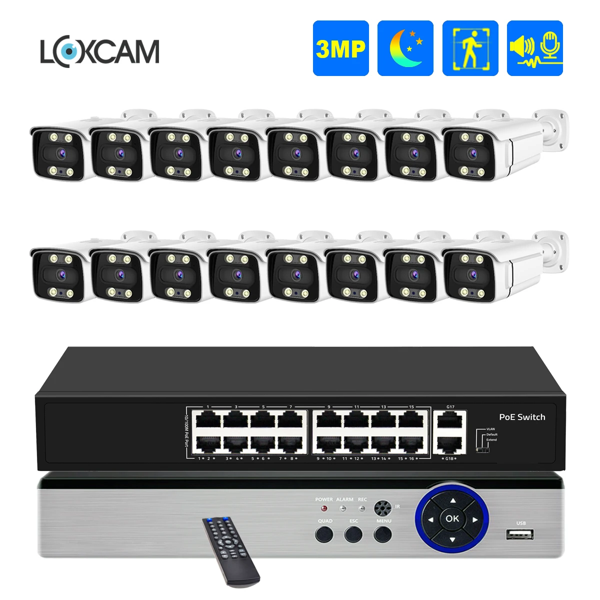 H.265 16CH 3MP Security Camera System POE Ai Smart Two Way Audio Waterproof Outdoor Colorful Night Camera Video Surveillance Kit
H.265 16CH 3MP Security Camera System POE Ai Smart Two Way Audio Waterproof Outdoor Colorful Night Camera Video Surveillance Kit