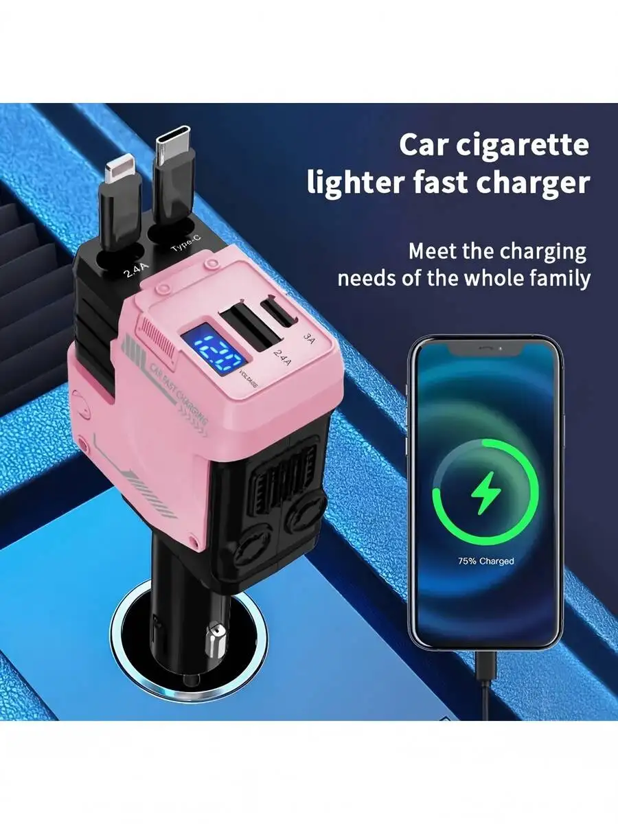 4-In-1 Retractable Car Charger With USB-C And Lightning Cables Dual Fast Charging Ports For iPhone Galaxy Smartphones
4-In-1 Retractable Car Charger With USB-C And Lightning Cables Dual Fast Charging Ports For iPhone Galaxy Smartphones