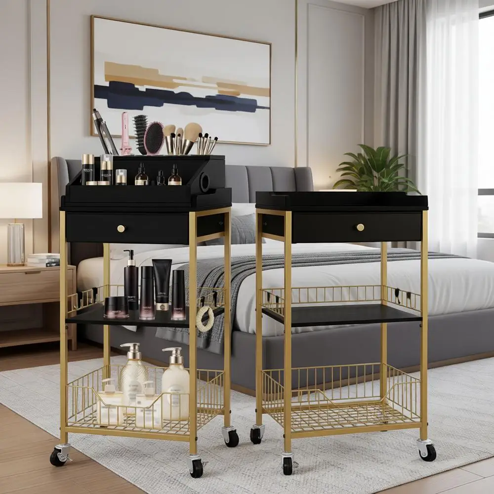 Двухфункциональная передвижная тележка для макияжа с держателем для инструментов для укладки волос, черно-золотой органайзер для косметики, средств по уходу за кожей и аксессуаров
Двухфункциональная передвижная тележка для макияжа с держателем для инструментов для укладки волос, черно-золотой органайзер для косметики, средств по уходу за кожей и аксессуаров