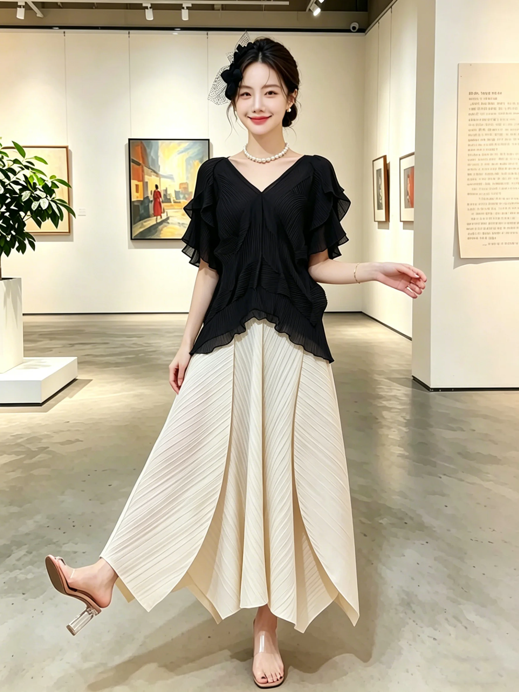 Three-Panel Artistic V-Neck Black Lace Trim Overhead Top High Waist Apricot Bud Skirt Pleated Set Casual Commute Style Polyes...
Three-Panel Artistic V-Neck Black Lace Trim Overhead Top High Waist Apricot Bud Skirt Pleated Set Casual Commute Style Polyes...