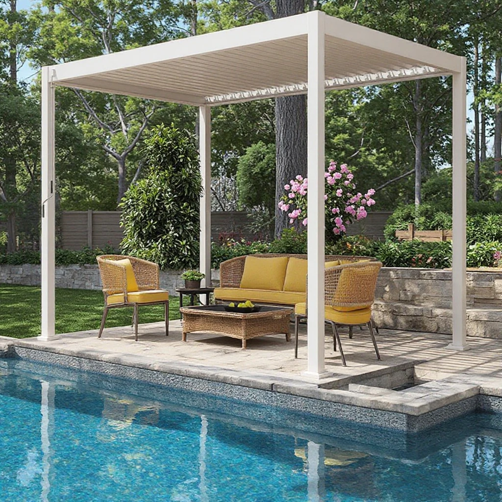 Aluminum Bioclimatic Pergola Outdoor Beach Swimming Pool Gazebos Manual Control Louvered Roof Design Powder Coated Waterproof
Aluminum Bioclimatic Pergola Outdoor Beach Swimming Pool Gazebos Manual Control Louvered Roof Design Powder Coated Waterproof