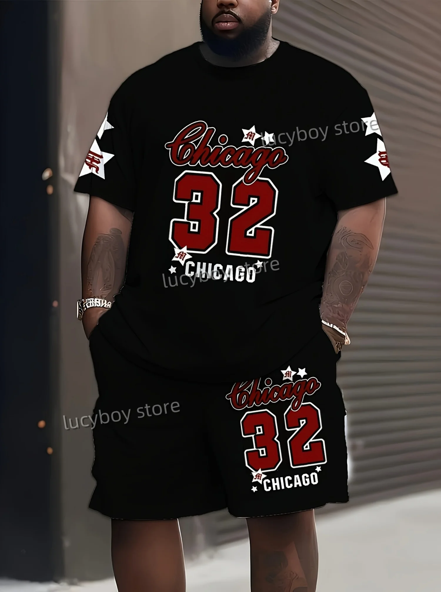 Summer men new in lightweight casual sports tracksuit two-piece set plus size adult CHIAGO 32 print sports T-shirt shorts set
Summer men new in lightweight casual sports tracksuit two-piece set plus size adult CHIAGO 32 print sports T-shirt shorts set