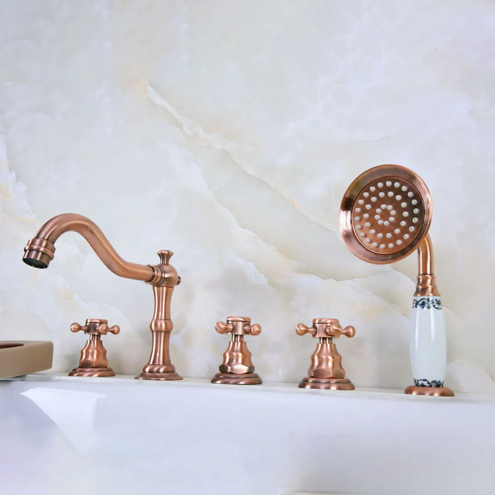 Antique Red Copper Brass Three Cross Handles Deck Mounted 5 Holes Bathroom Tub Faucet Mixer Tap With Handshower mtf221
Antique Red Copper Brass Three Cross Handles Deck Mounted 5 Holes Bathroom Tub Faucet Mixer Tap With Handshower mtf221