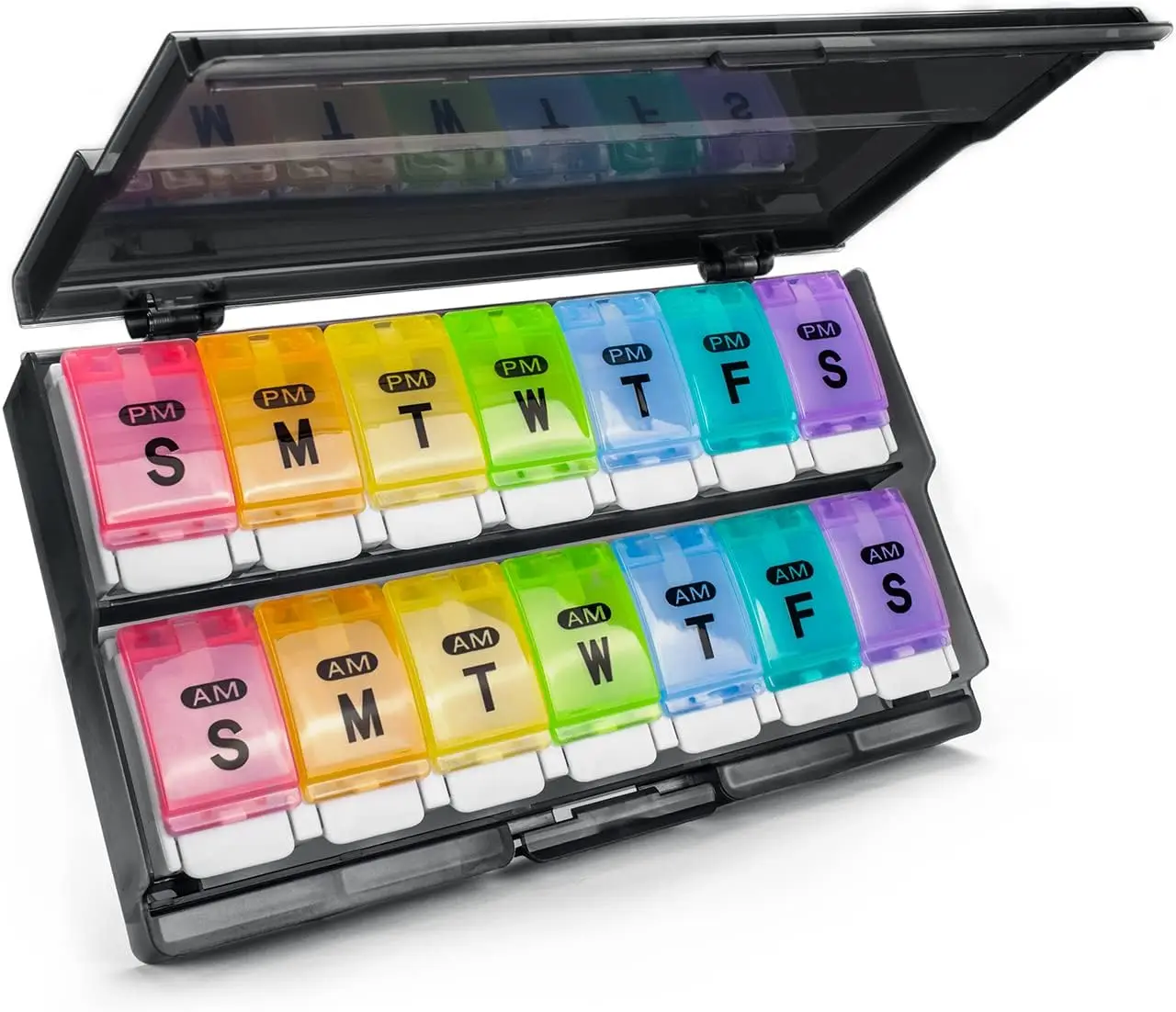 Large 7-Day Pill Organizer, 2 Times Daily, Push Button, Rainbow
Large 7-Day Pill Organizer, 2 Times Daily, Push Button, Rainbow