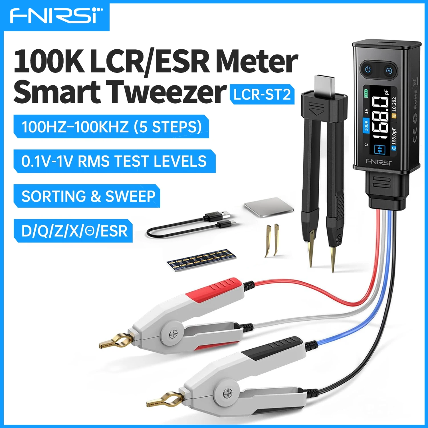 FNIRSI LCR-ST2 Portable Smart Tweezer LCR SMD ESR Tester Resistance Capacitance Inductance Continuity Diode Test Measurement
FNIRSI LCR-ST2 Portable Smart Tweezer LCR SMD ESR Tester Resistance Capacitance Inductance Continuity Diode Test Measurement