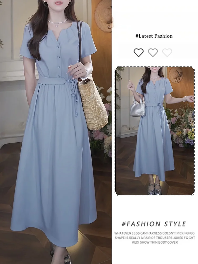 Elegant Blue V-Neck Short Sleeve Dress Women's Commute Slim Fit High Waist A-Line Summer Dress Casual Vintage Style Dress
Elegant Blue V-Neck Short Sleeve Dress Women's Commute Slim Fit High Waist A-Line Summer Dress Casual Vintage Style Dress