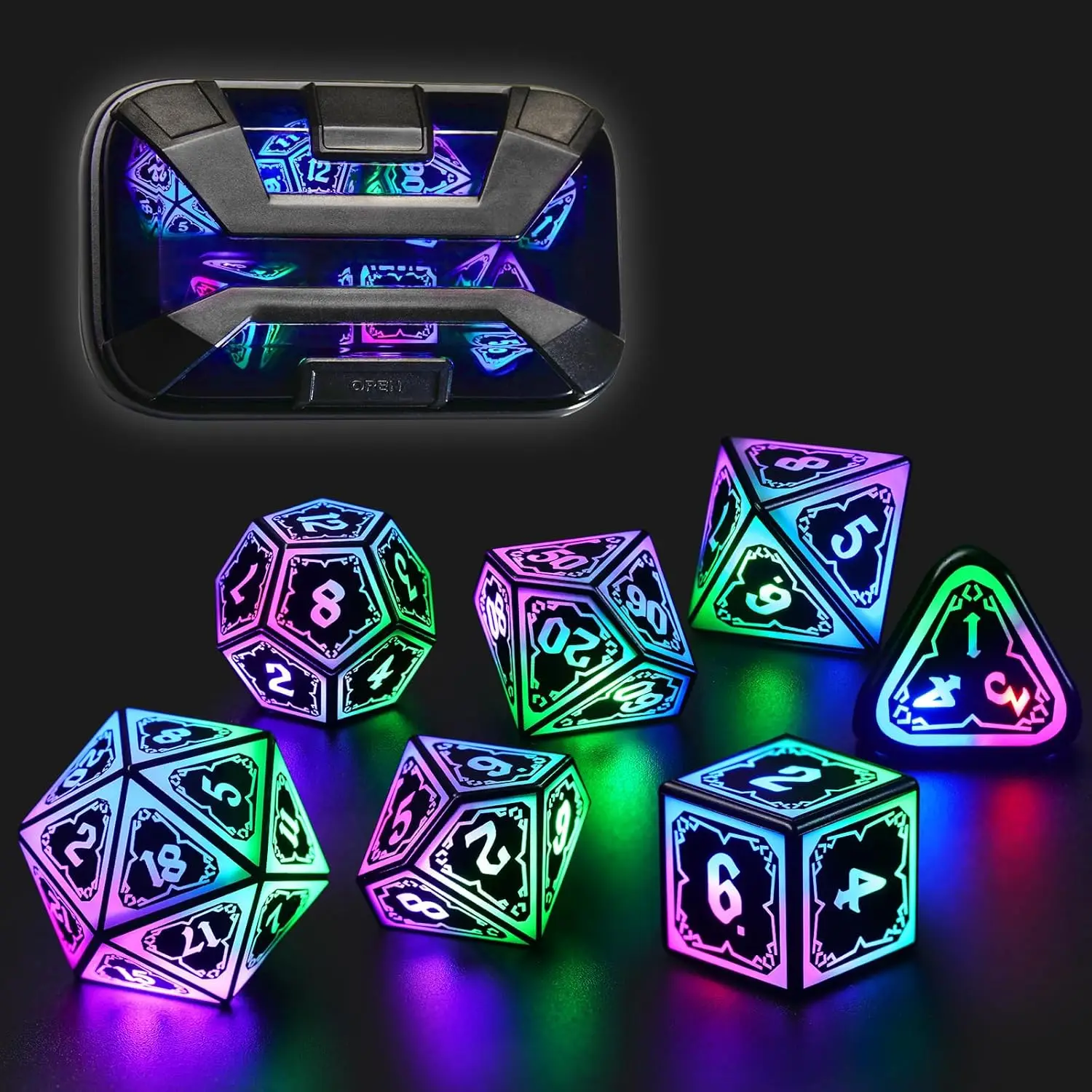 Rechargeable LED Dice Set with Charging Case for DND and RPG Games, 7 Polyhedral Dice in Mixed Colors
Rechargeable LED Dice Set with Charging Case for DND and RPG Games, 7 Polyhedral Dice in Mixed Colors