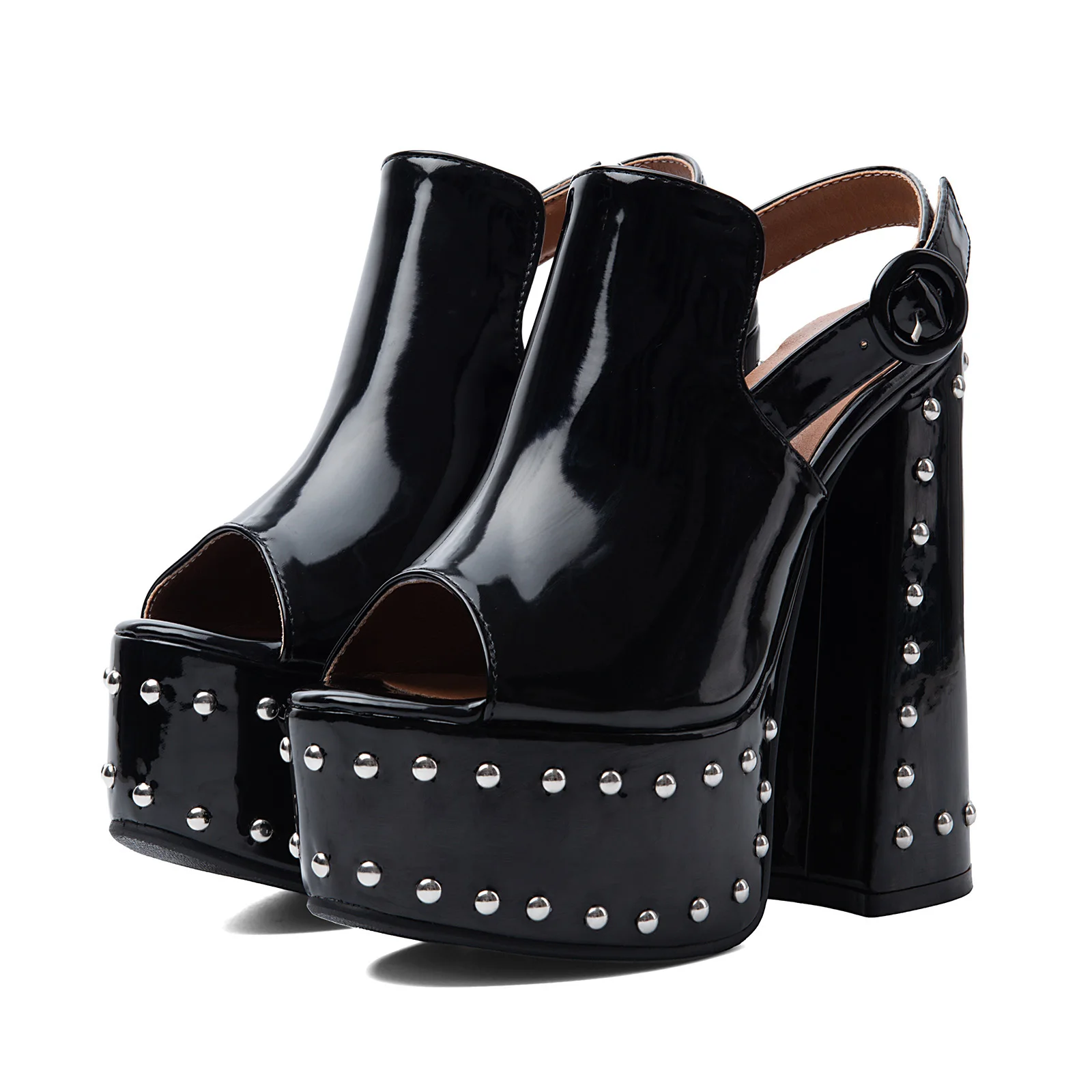 Glossy Black Patent Studded Peep Toe Platform Sandals Back Strap Circular Buckle Fastening Chunky Block Heel Shoes
Glossy Black Patent Studded Peep Toe Platform Sandals Back Strap Circular Buckle Fastening Chunky Block Heel Shoes