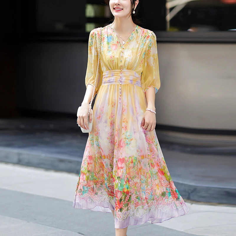 Prairie Chic Women's Floral Print Dress Summer Elegant Dresses For Women V-neck Vintage High Waist 100% Real Silk Long Dress
Prairie Chic Women's Floral Print Dress Summer Elegant Dresses For Women V-neck Vintage High Waist 100% Real Silk Long Dress