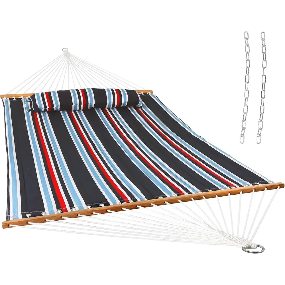 Nautical Stripe Double Hammock with Spreader Bars, Pillow, 450 lb Capacity, 74x55 Inch Bed, UV Resistant, Quick Dry, Chains Incl
Nautical Stripe Double Hammock with Spreader Bars, Pillow, 450 lb Capacity, 74x55 Inch Bed, UV Resistant, Quick Dry, Chains Incl