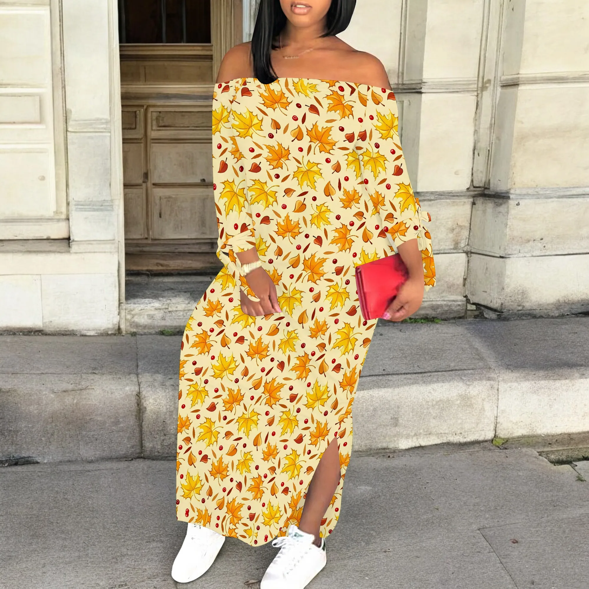 Autumn Leaf Print Off Shoulder Maxi Dress for Women Long Sleeve Holiday Thanksgiving Outfit
Autumn Leaf Print Off Shoulder Maxi Dress for Women Long Sleeve Holiday Thanksgiving Outfit