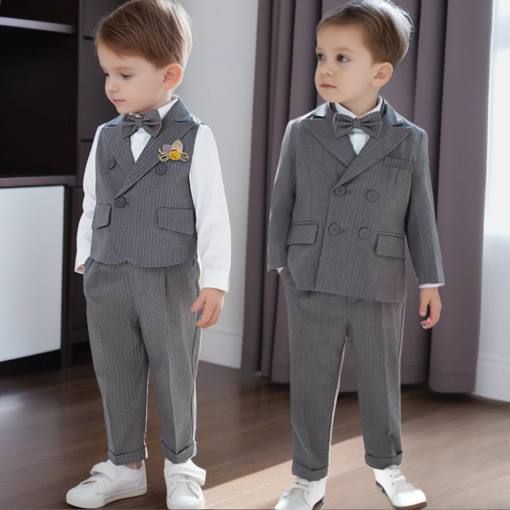 Trendy 2025 Boys Weddings Suit British Style Gray Striped Formal Kids Vest Outfits Children Birthday Photography Blazers Set 8 Y
Trendy 2025 Boys Weddings Suit British Style Gray Striped Formal Kids Vest Outfits Children Birthday Photography Blazers Set 8 Y