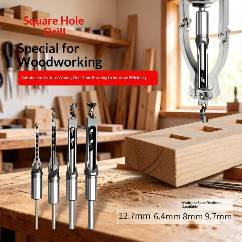 Woodworking Mortising Chisel Adapter 6.4/8/9.5/12.7mm Square Hole Drill Bits, High Hardness Durable Drilling Tools for DIY Craft
Woodworking Mortising Chisel Adapter 6.4/8/9.5/12.7mm Square Hole Drill Bits, High Hardness Durable Drilling Tools for DIY Craft