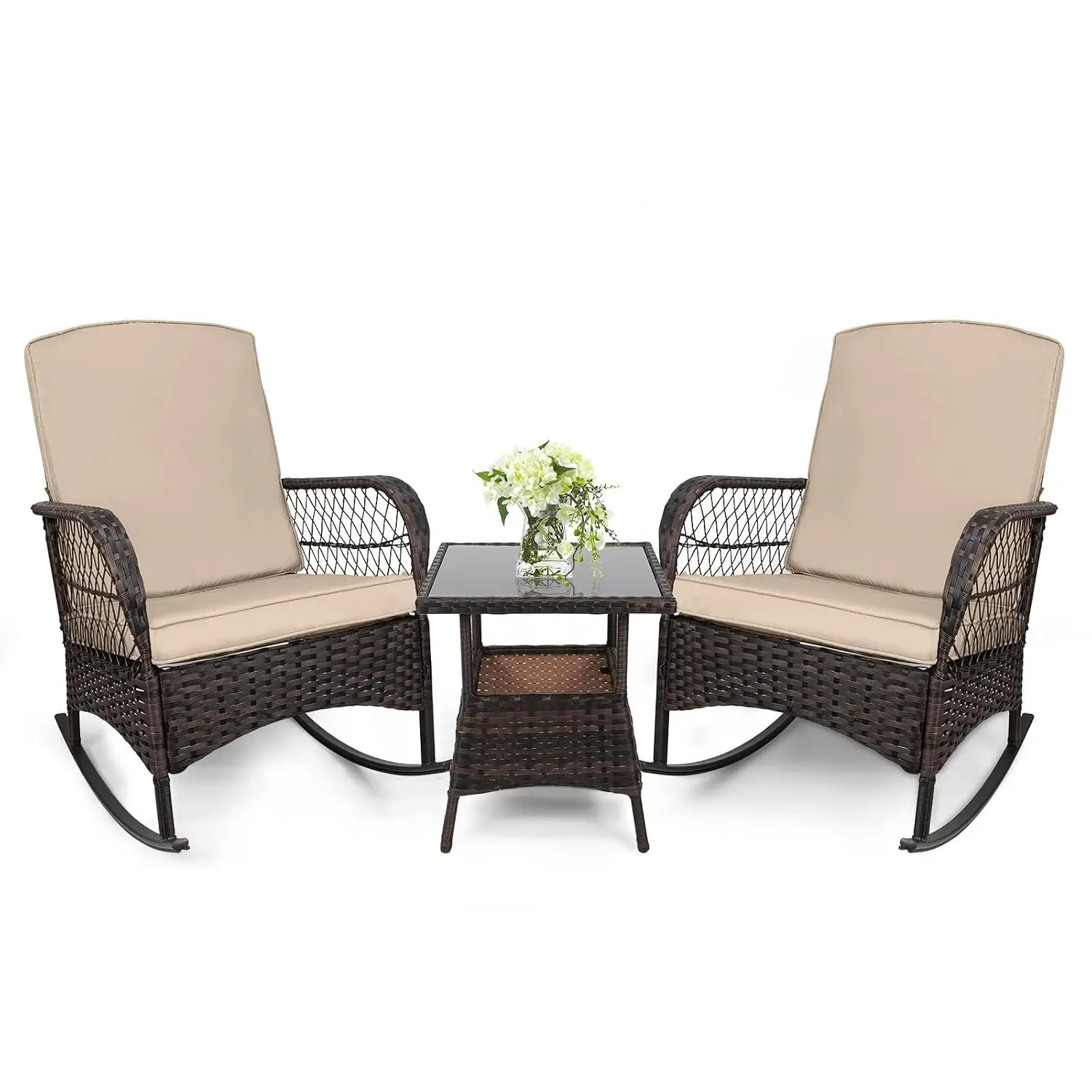 3 pcs Rocking Bistro Set Conversation Chairs PE Wicker Outdoor Rocking Chairs & Glass Table,for Porch Lawn Garden, Customized
3 pcs Rocking Bistro Set Conversation Chairs PE Wicker Outdoor Rocking Chairs & Glass Table,for Porch Lawn Garden, Customized