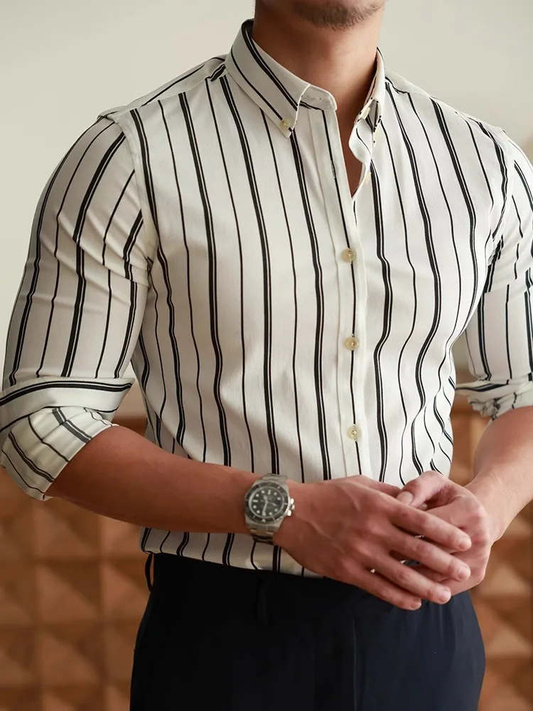 Мужская рубашка Slim Fit с длинным рукавом, повседневная, в британском стиле, с полосатым узором, не требующая глажки, для делового и формального стиля
Мужская рубашка Slim Fit с длинным рукавом, повседневная, в британском стиле, с полосатым узором, не требующая глажки, для делового и формального стиля