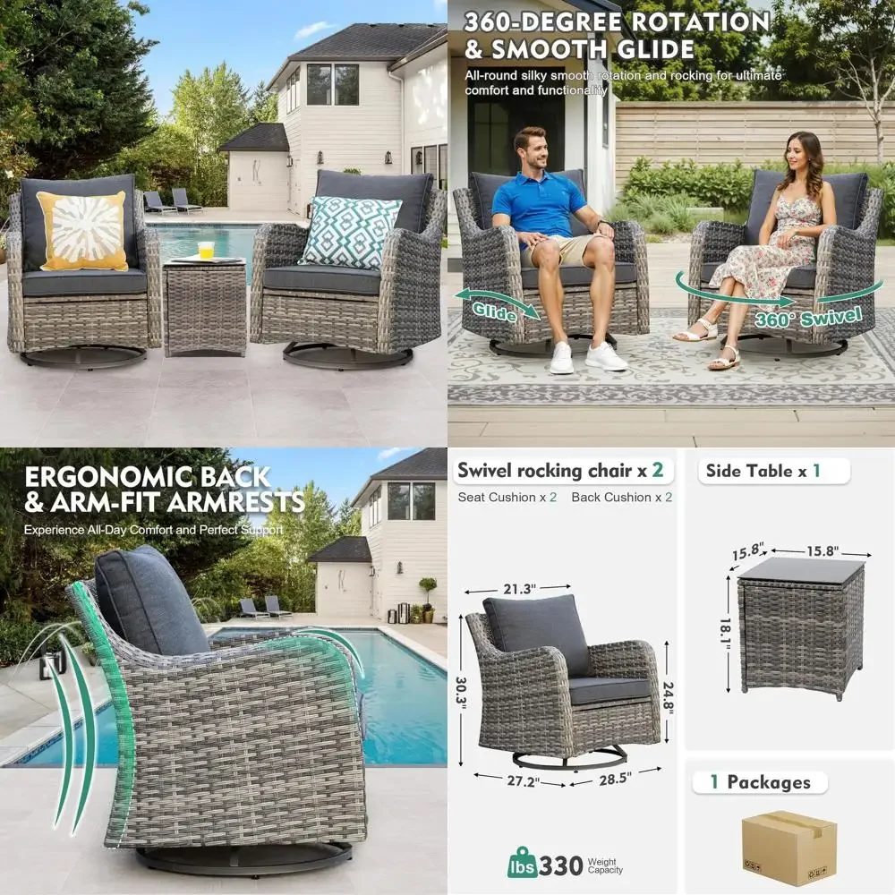 Поворотный комплект мебели для патио-качалки для улицы с подушками и стеклянным столом для бесед
Поворотный комплект мебели для патио-качалки для улицы с подушками и стеклянным столом для бесед