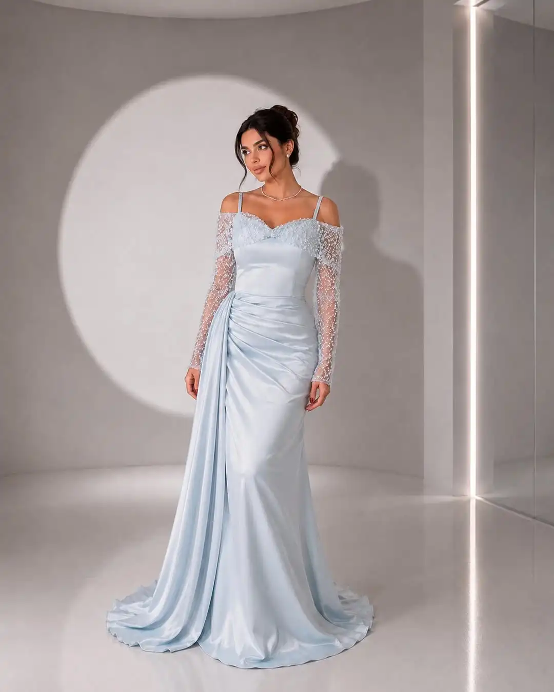 Ice Blue Satin Bridesmaid Dress Off Shoulder Detachable Beaded Lace Sleeve Ruched Mermaid Floor Length Formal Gown
Ice Blue Satin Bridesmaid Dress Off Shoulder Detachable Beaded Lace Sleeve Ruched Mermaid Floor Length Formal Gown