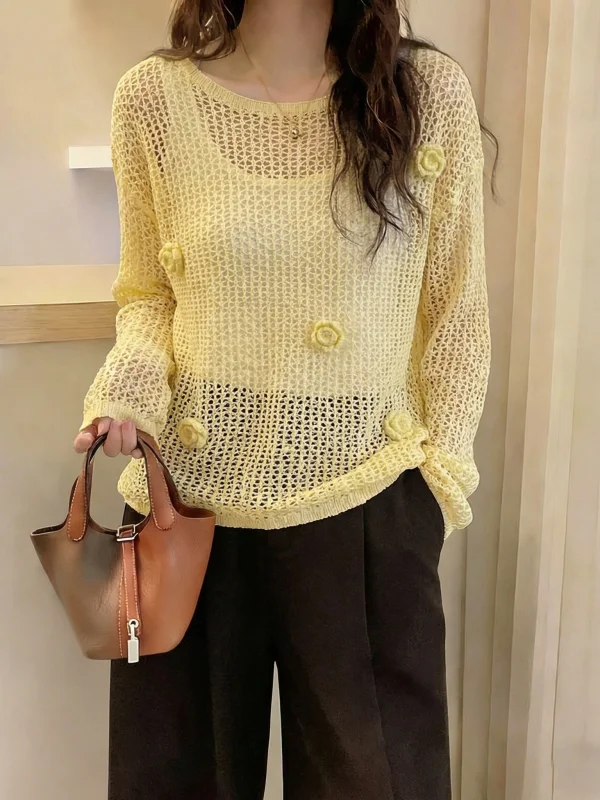 Yellow 3D Flower Hollow Knitted Sweater Women's Summer New Large Size Fat MM Thin Outer Cover Shirt Top Korean Style Loose Fit
Yellow 3D Flower Hollow Knitted Sweater Women's Summer New Large Size Fat MM Thin Outer Cover Shirt Top Korean Style Loose Fit