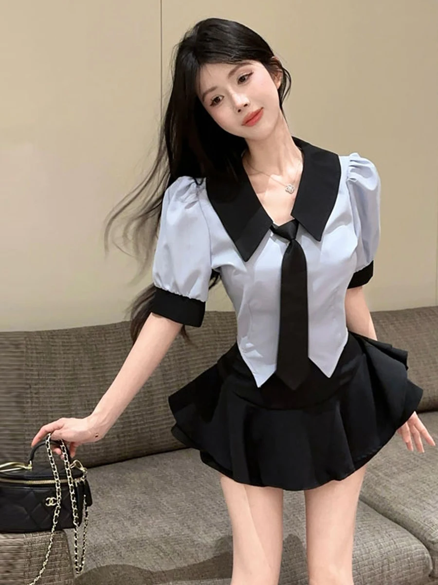 Retro Sweet School orm Sle JK orm Bubble Sve Color Blo irt Top High Waist Puffy Skirt Pants Set Women's Faion
Retro Sweet School orm Sle JK orm Bubble Sve Color Blo irt Top High Waist Puffy Skirt Pants Set Women's Faion