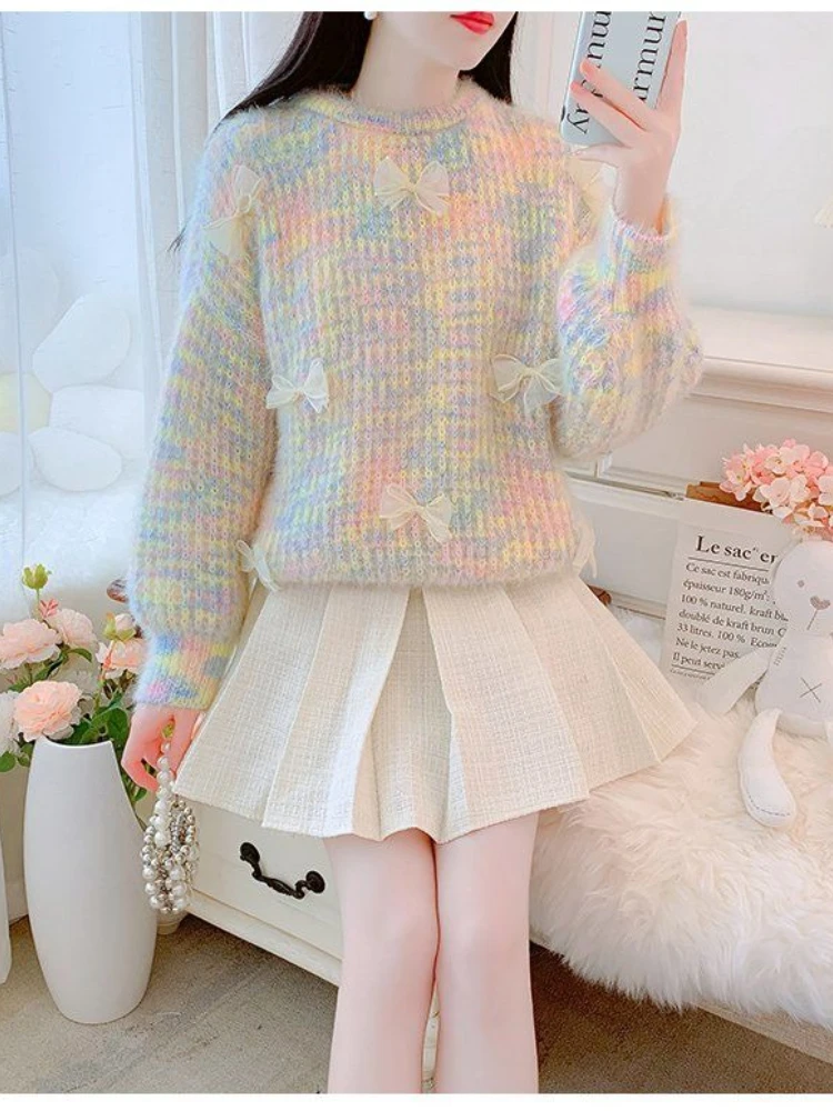 Элегантный комплект из двух предметов, осенне-зимний новый трехмерный утолщенный модный свитер с бантом + плиссированная полуюбка, комплект 
Элегантный комплект из двух предметов, осенне-зимний новый трехмерный утолщенный модный свитер с бантом + плиссированная полуюбка, комплект