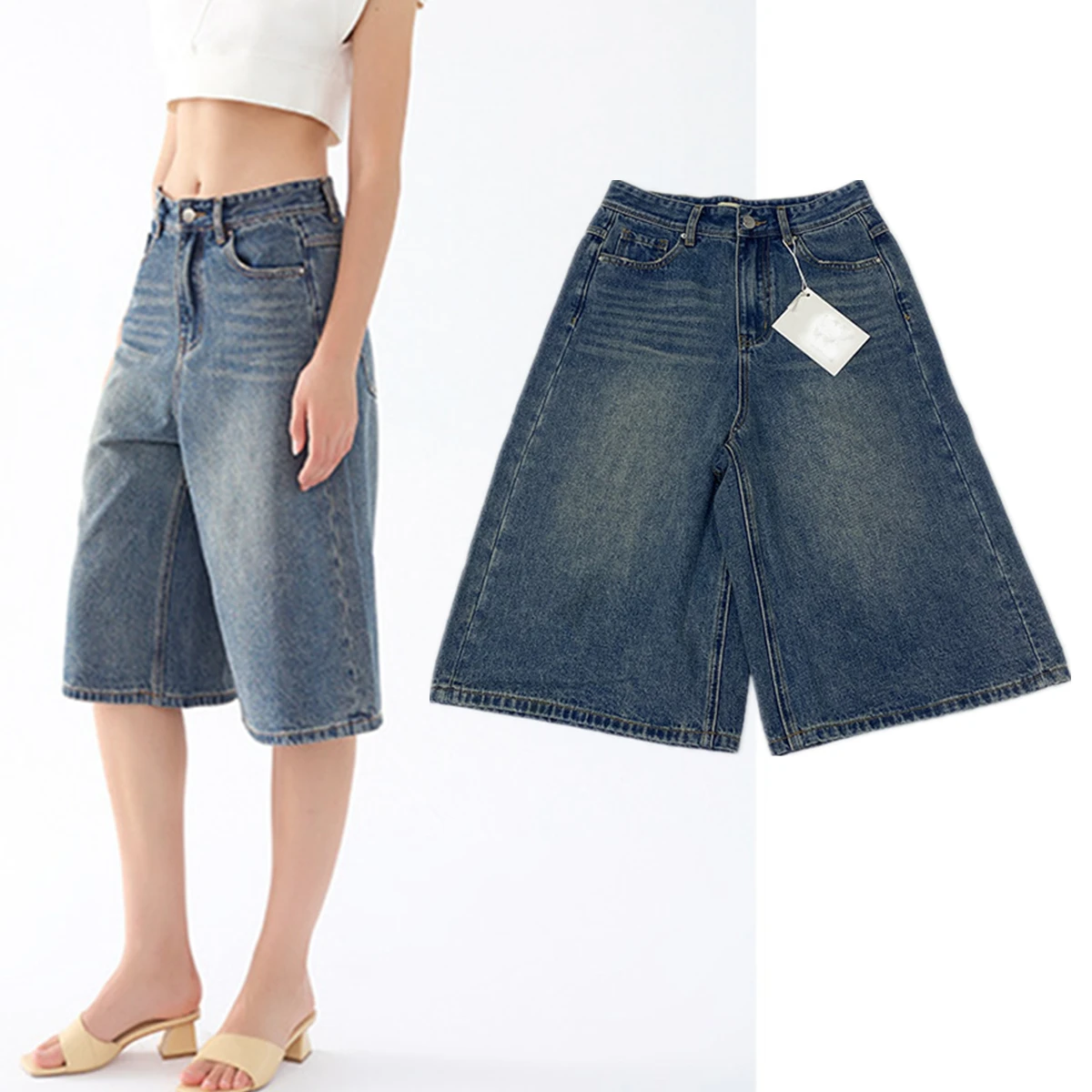 Withered Minimalist Loose High Waist Cotton Denim Bermuda Cropped Wide-Leg Jeans Washed Dark Blue Capri Jeans Women's Pants
Withered Minimalist Loose High Waist Cotton Denim Bermuda Cropped Wide-Leg Jeans Washed Dark Blue Capri Jeans Women's Pants