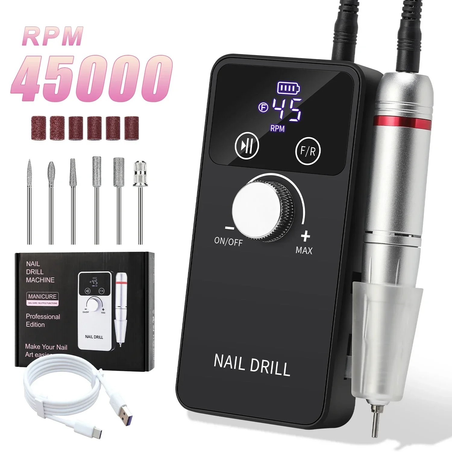 Professional 45000RPM Electric Portable Nail Drill Machine Rechargeable Low Noise Nail Sander File for Manicure Salon Tool
Professional 45000RPM Electric Portable Nail Drill Machine Rechargeable Low Noise Nail Sander File for Manicure Salon Tool