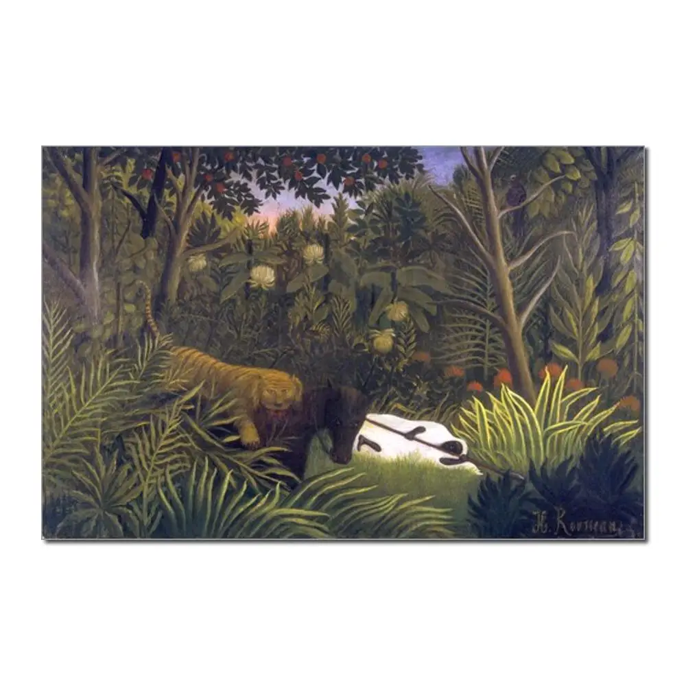 Tiger Attacking a Horse and a Sleeping Black Man Henri Rousseau painting for bedroom decoration High quality
Tiger Attacking a Horse and a Sleeping Black Man Henri Rousseau painting for bedroom decoration High quality