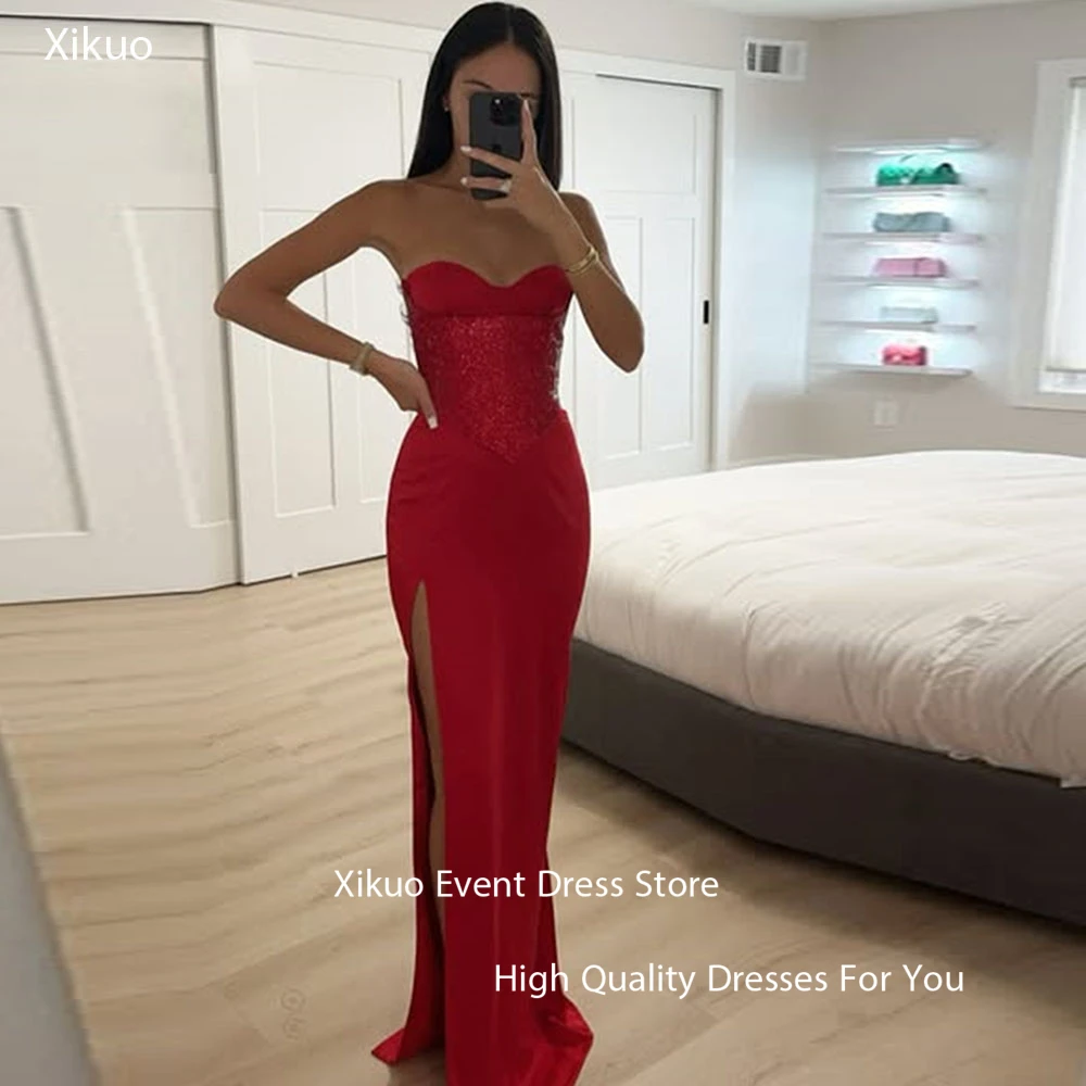 Xikuo Elegant Red Satin Women Evening Gowns Strapless Long Vestidos De Fiesta High Side Slit Mermaid Prom Party Dress Customized
Xikuo Elegant Red Satin Women Evening Gowns Strapless Long Vestidos De Fiesta High Side Slit Mermaid Prom Party Dress Customized