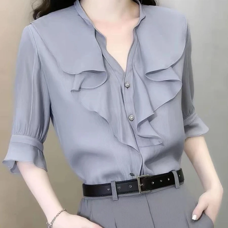 Elegant Women Shirt With Ruffles Collar Three Quarter Sleeve Office Lady Blouse Spring Summer Casual Work Wear
Elegant Women Shirt With Ruffles Collar Three Quarter Sleeve Office Lady Blouse Spring Summer Casual Work Wear