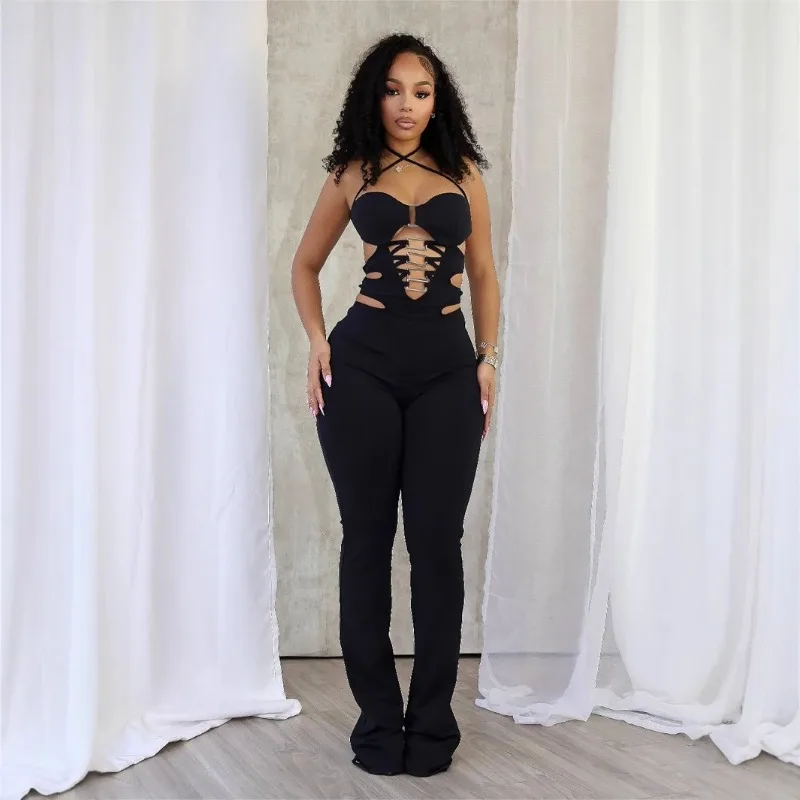 Women's Black Halter Jumpsuit Criss Cross Lace Up Cut Out Backless Bodycon Flare Pants Sexy Club Party Outfit Stretchy Slim Fit
Women's Black Halter Jumpsuit Criss Cross Lace Up Cut Out Backless Bodycon Flare Pants Sexy Club Party Outfit Stretchy Slim Fit
