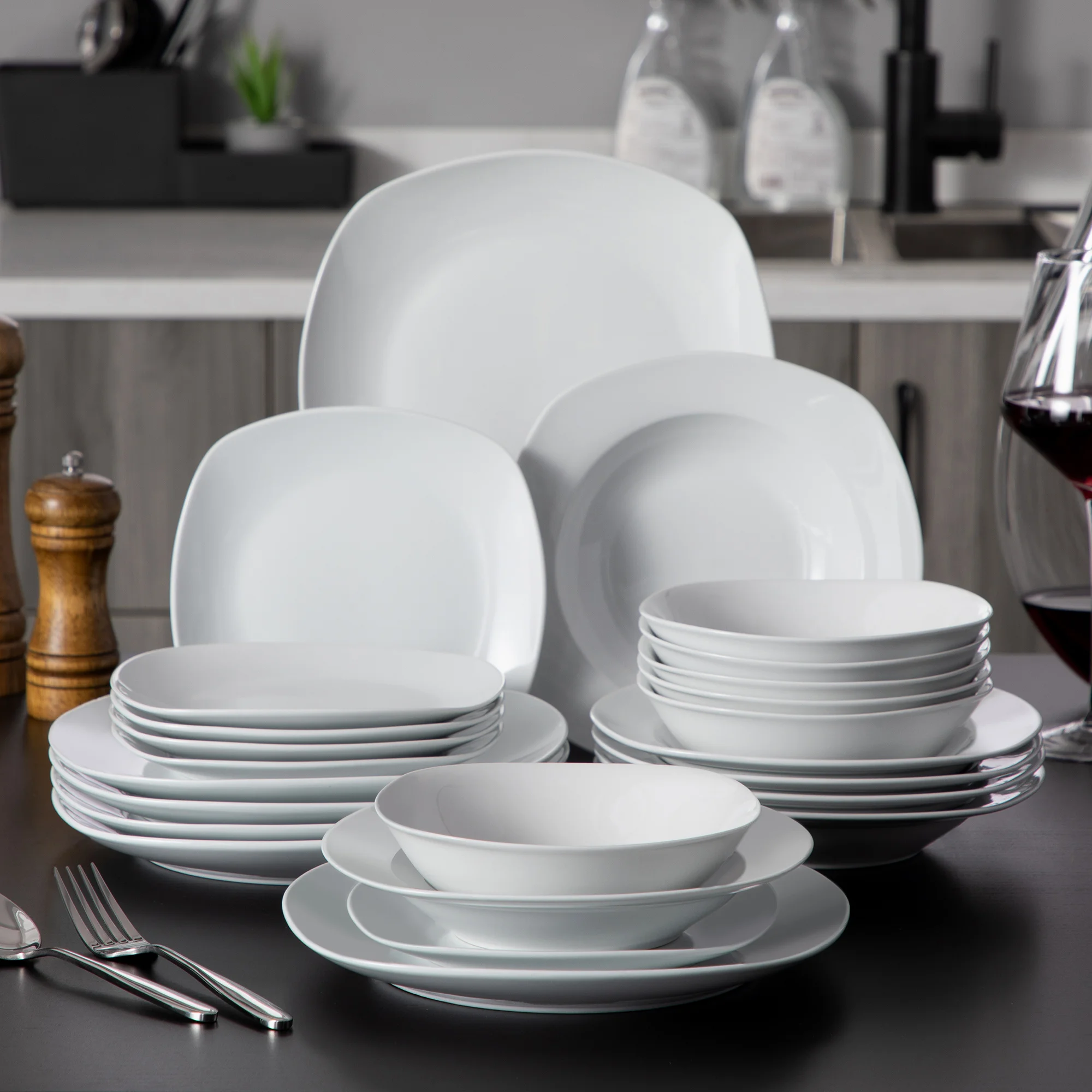 24-Piece Porcelain Square Dishes, Gray White Modern Dish Set for 6 - Plates and Bowls Sets, Ideal for Dessert, Salad, and Pasta
24-Piece Porcelain Square Dishes, Gray White Modern Dish Set for 6 - Plates and Bowls Sets, Ideal for Dessert, Salad, and Pasta