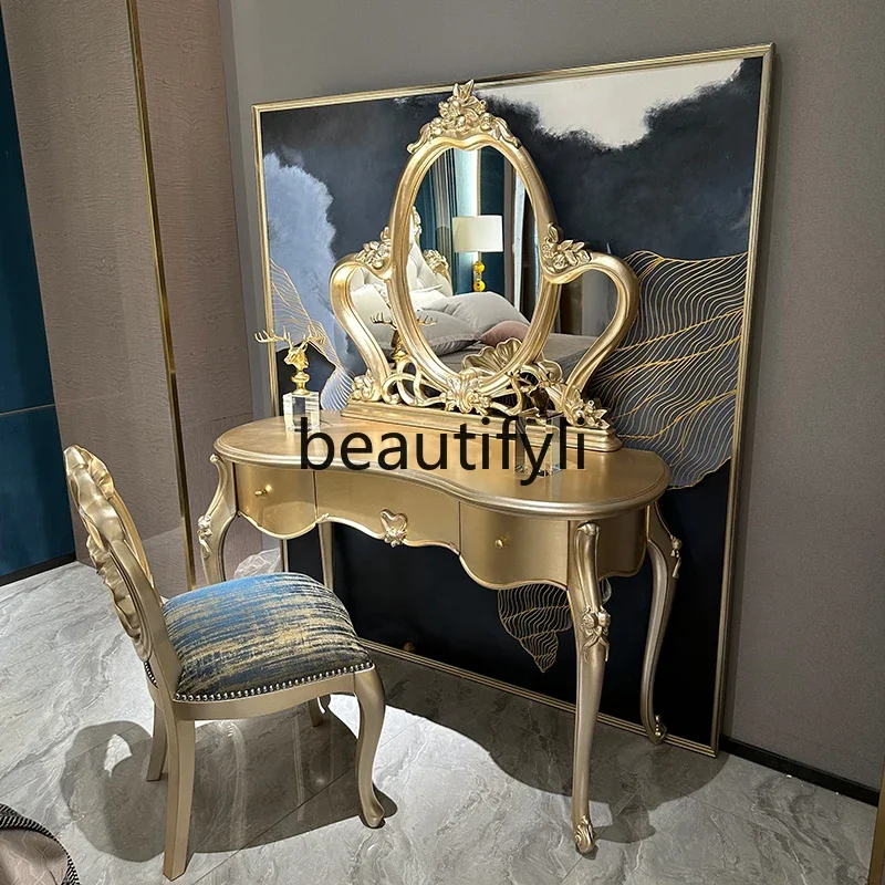 French gold leaf dressing table, master bedroom dressing table European court wood carving flower dressing table45
French gold leaf dressing table, master bedroom dressing table European court wood carving flower dressing table45
