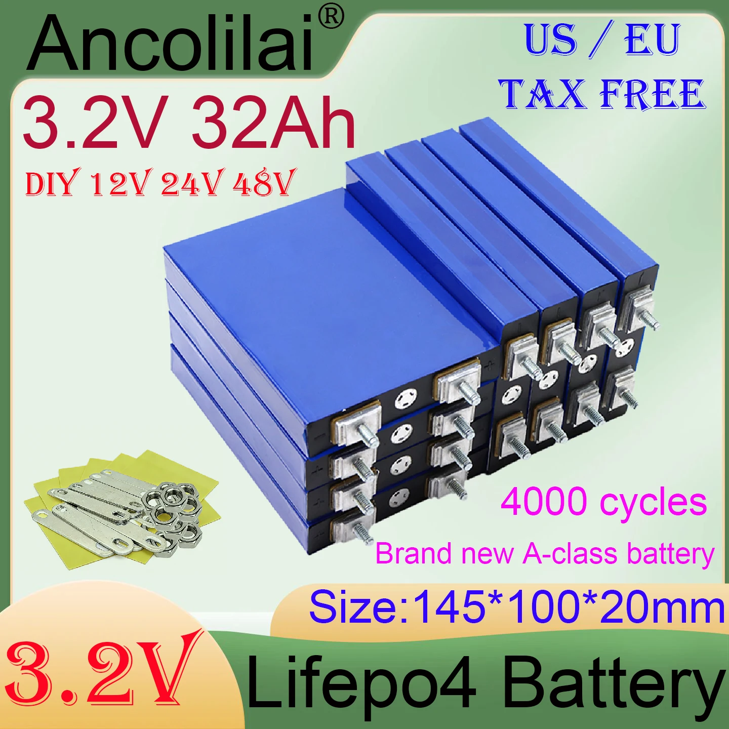 New 3.2V 32Ah LiFePO4 Battery 32000mAh DIY 12.8V 24V 36V 48V Electric Scooter Motorcycle Energy Storage Battery US/ EU Duty Free
New 3.2V 32Ah LiFePO4 Battery 32000mAh DIY 12.8V 24V 36V 48V Electric Scooter Motorcycle Energy Storage Battery US/ EU Duty Free